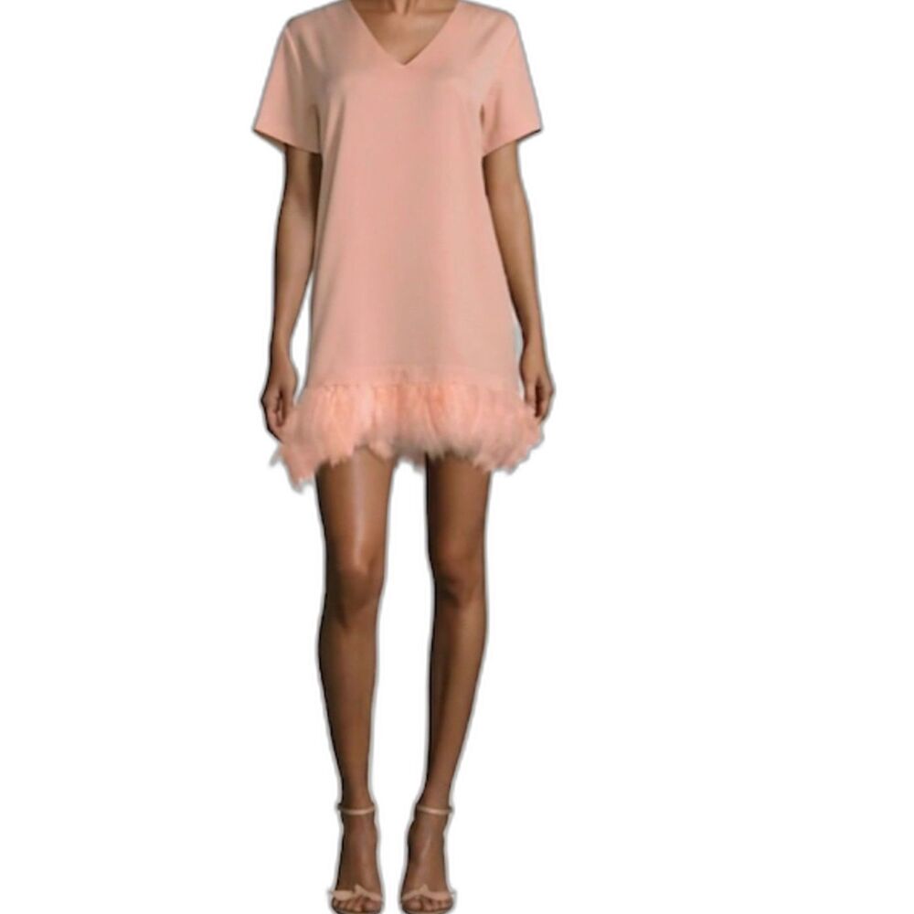 Lea & Viola Women's Peach Orange Feather Trim SS Glamorous Shift Mini Dress Sz S